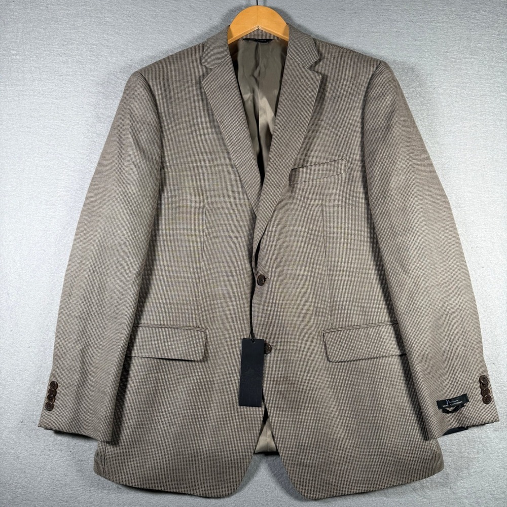 Marc Anthony Mens 44R Wool Blazer Taupe Micro Houndstooth 2 Button Jacket New